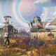 A screenshot of a bustling space settlement from No Man's Sky's Frontiers update.